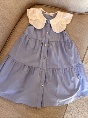 Girls' Blue Tiered Button-Front Dress with White Peter Pan Collar